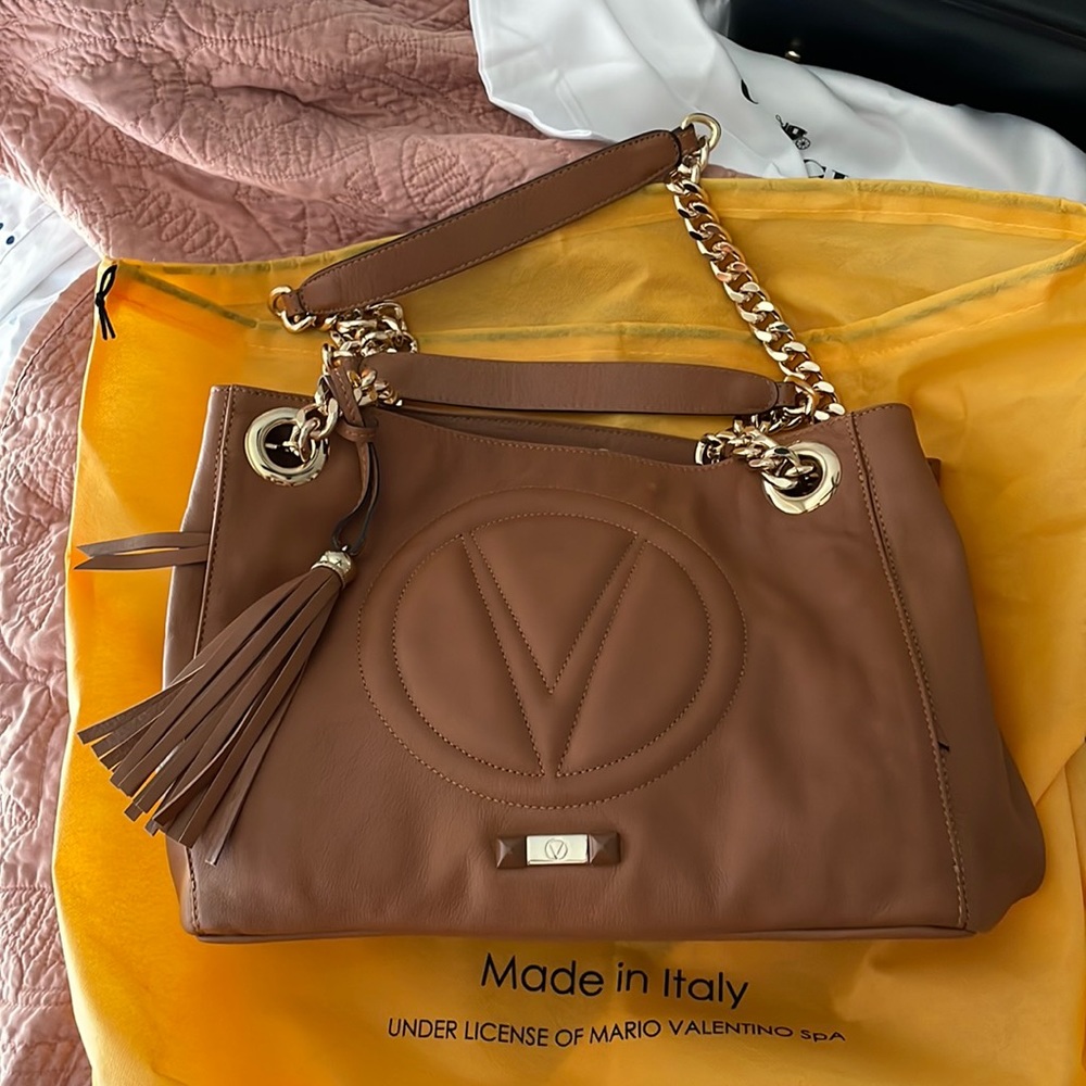 New Valentino by Mario Valentino Leather Shoulder Bag with Gold Chain Straps